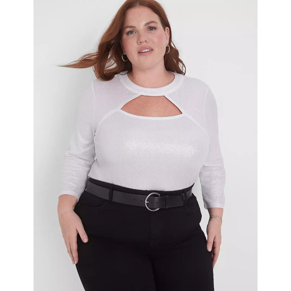 Lane Bryant Classic Cutout Crew Neck Metallic Knit Top Silver18/20